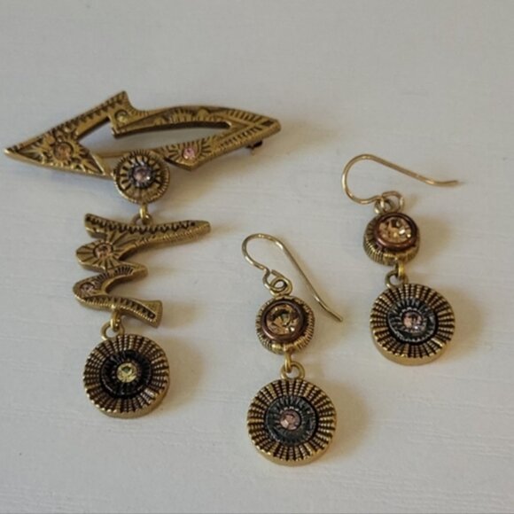 Patricia Locke Brooch And Earrings Gold Tone Swarovski Crystal Set 2" Br… - Picture 1 of 9